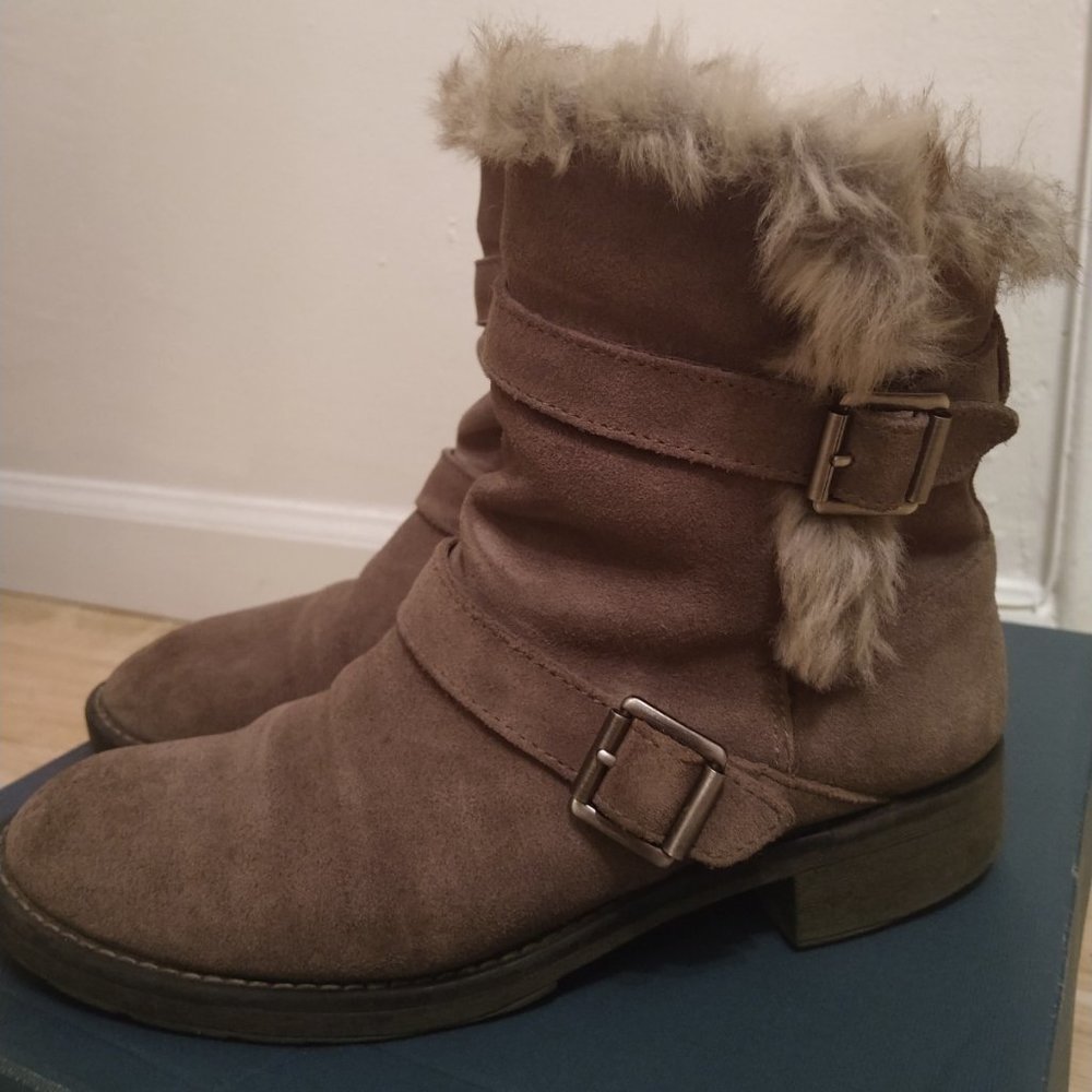 G.H. Bass Mara Gray Boot Genuine Leather Faux Fur Buckle Booties 7.5 Waterproof
